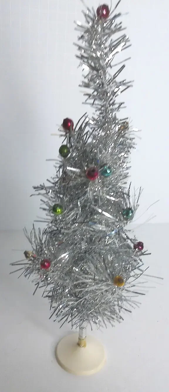 Vintage Silver Aluminum Tabletop Feather Tree With Mercury Ball Ornaments